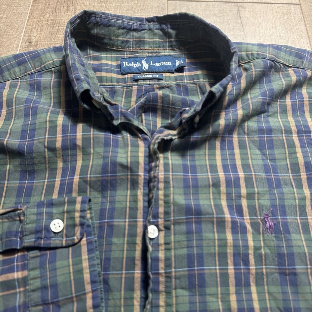VTG Polo Ralph Lauren Men's L Country Green Plaid Lightweight Button Shirt 90s